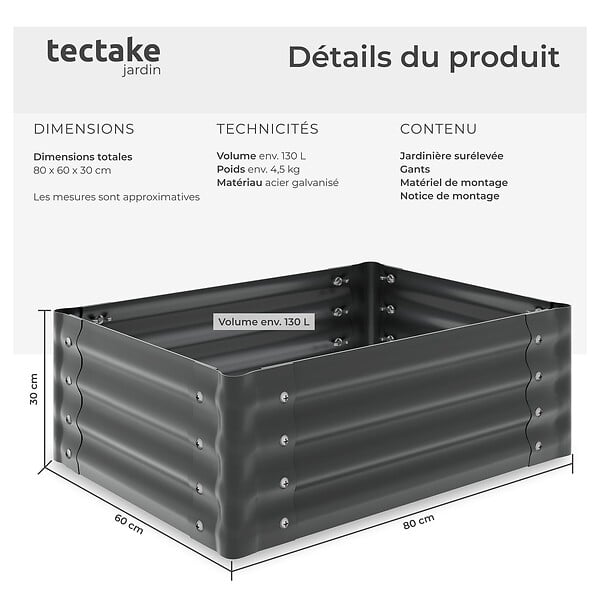 TECTAKE - Jardin surélevé en acier galvanisé gris 80x60x30cm bac potager plate bande surélevée carré potager extérieur culture légumes 130L - large