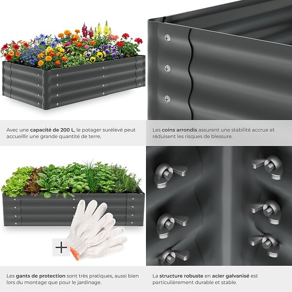 TECTAKE - Jardinière surélevée en acier galvanisé gris 120x60x30cm potager carré bac plantation légumes herbes aromatiques fleurs ergonomique 200L - large