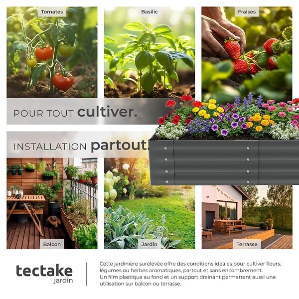 TECTAKE - Jardinière surélevée en acier galvanisé gris 120x60x30cm potager carré bac plantation légumes herbes aromatiques fleurs ergonomique 200L - large