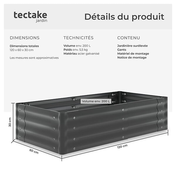 TECTAKE - Jardinière surélevée en acier galvanisé gris 120x60x30cm potager carré bac plantation légumes herbes aromatiques fleurs ergonomique 200L - large