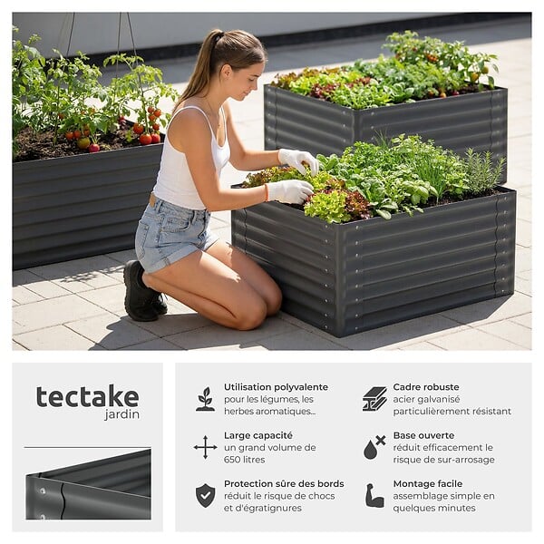TECTAKE - Jardin surélevé potager en acier galvanisé gris 120x90x62cm bac jardinière culture ergonomique légumes herbes aromatiques fleurs 650L - large