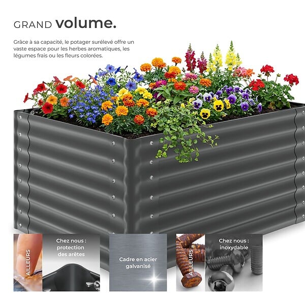 TECTAKE - Jardin surélevé potager en acier galvanisé gris 120x90x62cm bac jardinière culture ergonomique légumes herbes aromatiques fleurs 650L - large
