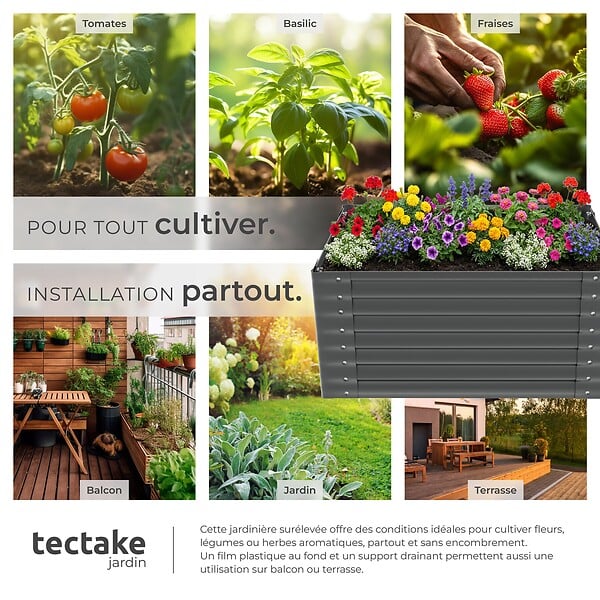 TECTAKE - Jardin surélevé potager en acier galvanisé gris 120x90x62cm bac jardinière culture ergonomique légumes herbes aromatiques fleurs 650L - large
