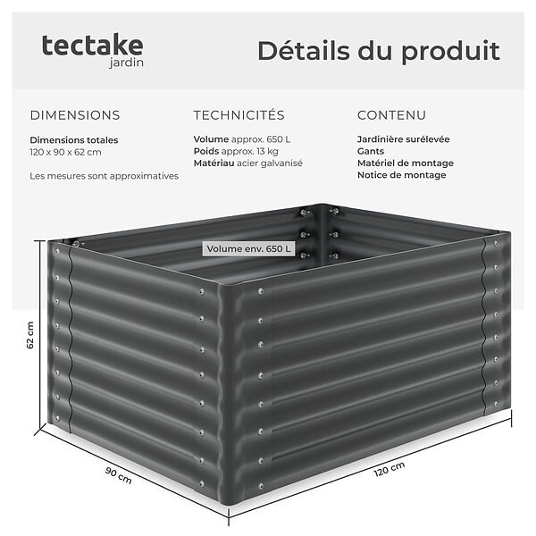 TECTAKE - Jardin surélevé potager en acier galvanisé gris 120x90x62cm bac jardinière culture ergonomique légumes herbes aromatiques fleurs 650L - large