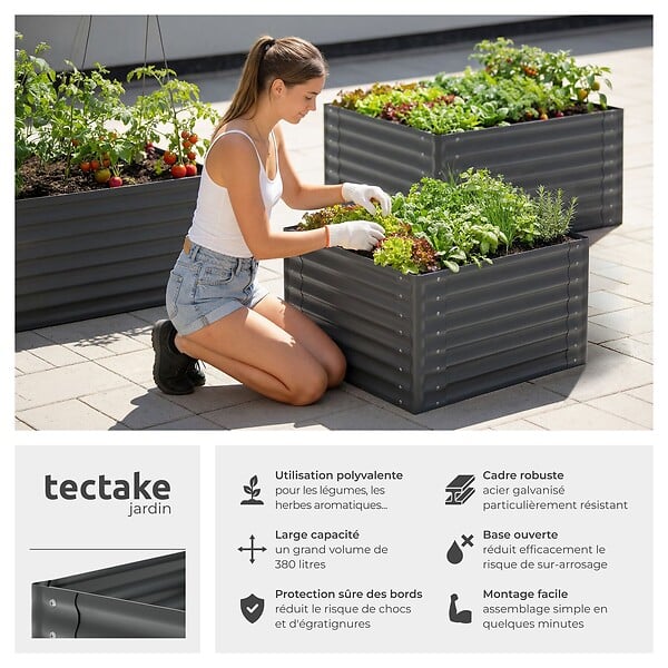 TECTAKE - Bac potager surélevé en acier galvanisé 80x80x62cm 380L gris fond ouvert hauteur ergonomique herbes légumes fleurs gants jardinage inclus - large