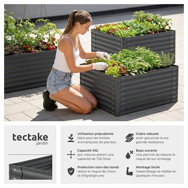 TECTAKE - Bac potager surélevé en acier galvanisé anthracite 120x100x62cm 720l jardinière hauteur ergonomique culture légumes herbes fleurs - large