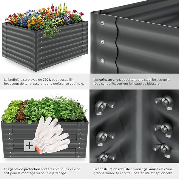 TECTAKE - Bac potager surélevé en acier galvanisé anthracite 120x100x62cm 720l jardinière hauteur ergonomique culture légumes herbes fleurs - large