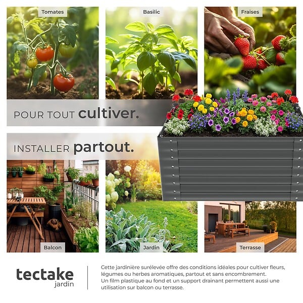 TECTAKE - Bac potager surélevé en acier galvanisé anthracite 120x100x62cm 720l jardinière hauteur ergonomique culture légumes herbes fleurs - large