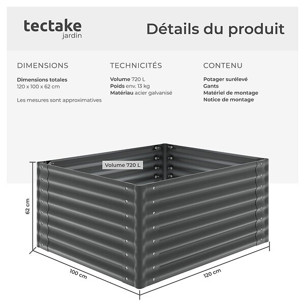 TECTAKE - Bac potager surélevé en acier galvanisé anthracite 120x100x62cm 720l jardinière hauteur ergonomique culture légumes herbes fleurs - large
