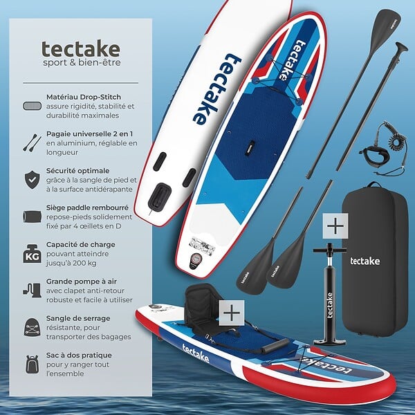 TECTAKE - Planche de stand-up paddle 2 en 1 gonflable kit complet rouge/bleu - large