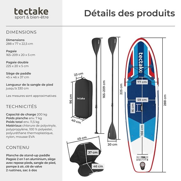 TECTAKE - Planche de stand-up paddle 2 en 1 gonflable kit complet rouge/bleu - large