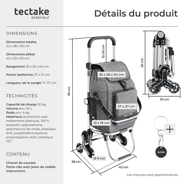 TECTAKE - Chariot de courses SHOPPER 3 en 1 pliable avec sac isotherme gris - large