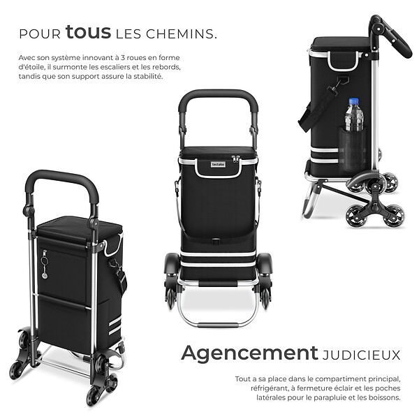 TECTAKE - Chariot de courses pliable 3 en 1 noir avec sac isotherme roues tout terrain caddie aluminium 56L diable panier roulettes 30kg polyester - large