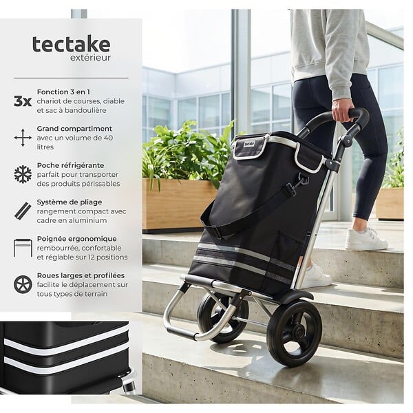 TECTAKE - Chariot de courses 3 en 1 pliable noir sac isotherme caddie bandoulière diable châssis aluminium grand volume rangement poignée réglable - large