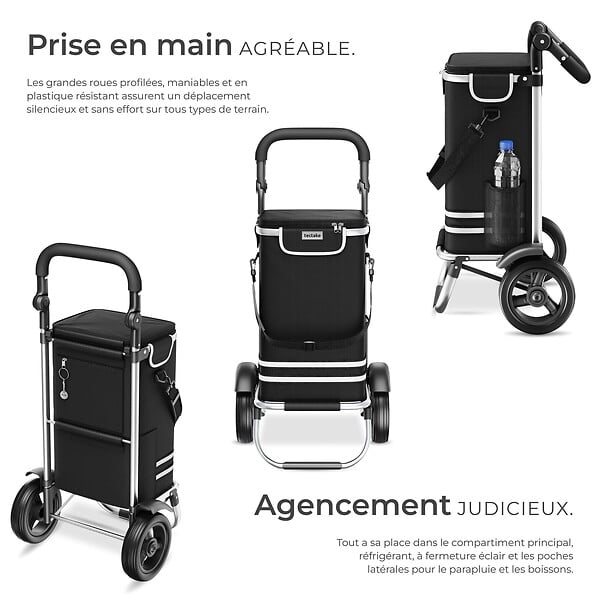 TECTAKE - Chariot de courses 3 en 1 pliable noir sac isotherme caddie bandoulière diable châssis aluminium grand volume rangement poignée réglable - large