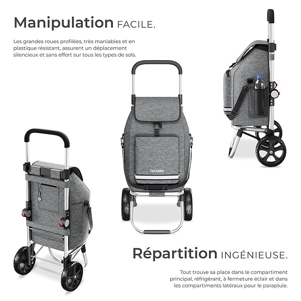 TECTAKE - Chariot de courses 3 en 1 pliable gris avec sac isotherme diable bandoulière caddie 56L aluminium réglable 30kg poussette provisions - large