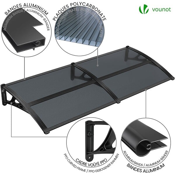 VOUNOT - Auvent de porte marquise 200x80 cm en Polycarbonate anti UV Anthracite - large