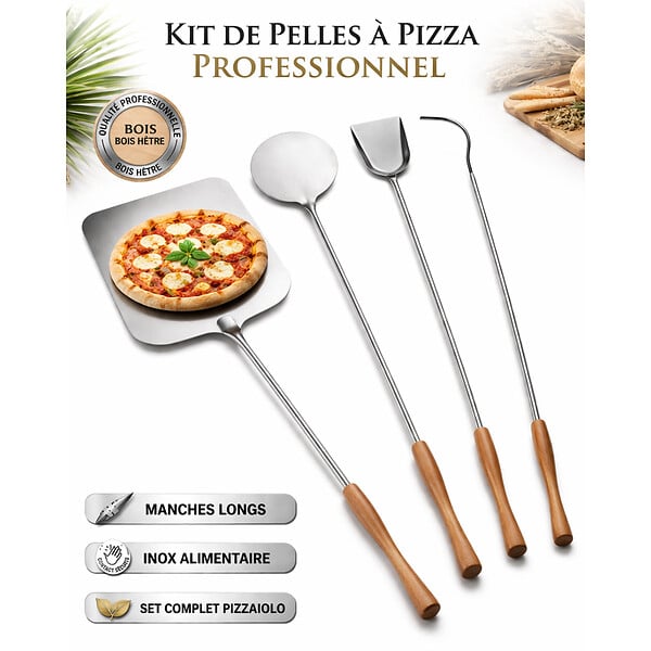 INTEC - Set de 4 Pelles à Pizza Inox Alimentaire Poignée en bois Hêtre Manche 138 à 150 cm - Kit Four à Bois, Pain Pizza INTEC - large