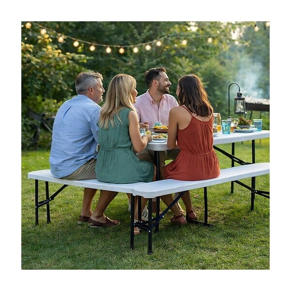 KZ GARDEN - Banc de Jardin Pliable Blanc 180 x 28 x 43.5H cm Banc Exterieur Interieur Camping Réception KZ GARDEN - large