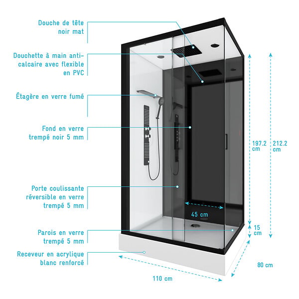 AURLANE - Cabine de douche 110x80x215cm - Verre Trempé - Mitigeur Chrome - DUALITY 3 RECTANGLE - large