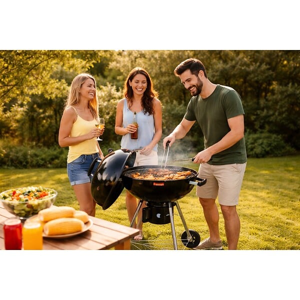 INTEC - Barbecue à Charbon de Bois sur Trépied Ø57cm Grille Cuisson & Couvercle Thermostat Bac à cendres Barbecue rond 2 roues INTEC - large