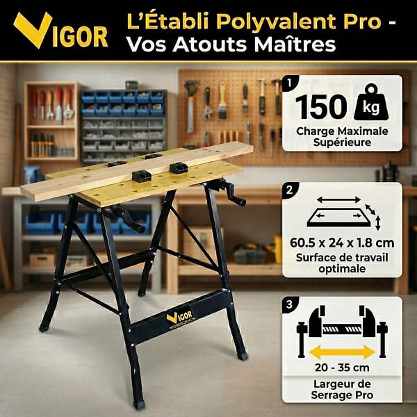 INTEC - Etabli pliable Multiposition Charge 150kg - Table de travail portable Etau Réglage 20 à 35 cm Bricolage Sciage Ateliers INTEC - large