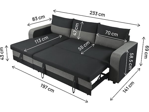 HABITAT ET JARDIN - Canapé d'angle réversible/convertible en tissu "Victor" - 3 places - Noir - large