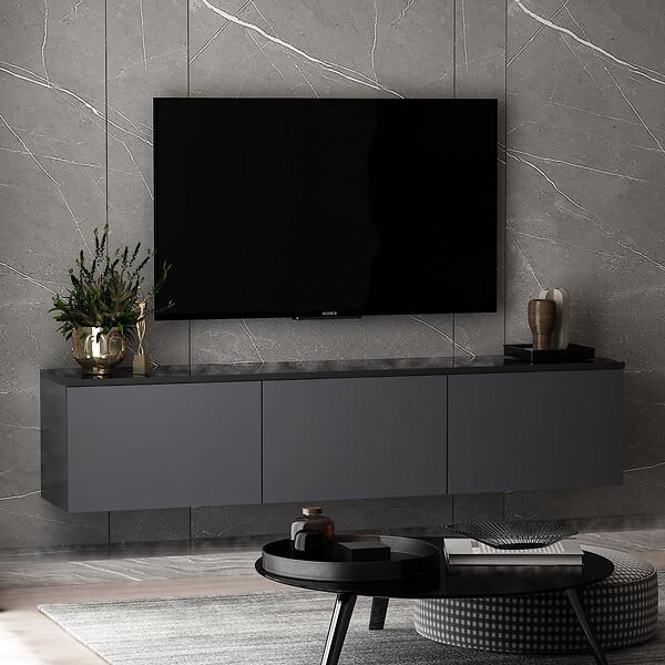 HABITAT ET JARDIN - Meuble TV suspendu en bois avec éclairage LED "Neon" - 160 x 32 x 35 cm - Gris anthracite - large