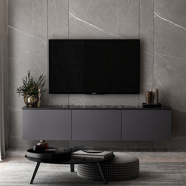 HABITAT ET JARDIN - Meuble TV suspendu en bois avec éclairage LED "Neon" - 160 x 32 x 35 cm - Gris anthracite - large