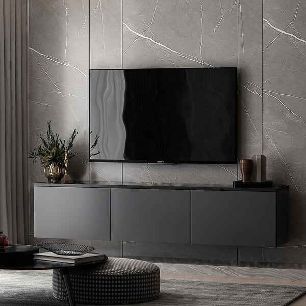HABITAT ET JARDIN - Meuble TV suspendu en bois avec éclairage LED "Neon" - 160 x 32 x 35 cm - Gris anthracite - large