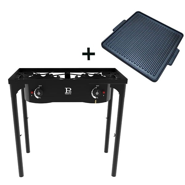 INTEC - Barbecue grill et réchaud 2 feux 9kW Kit Modulable 2en1 - 2 brûleurs - Plaque Grill , 3 Hauteurs Modulables Piezo INTEC - large