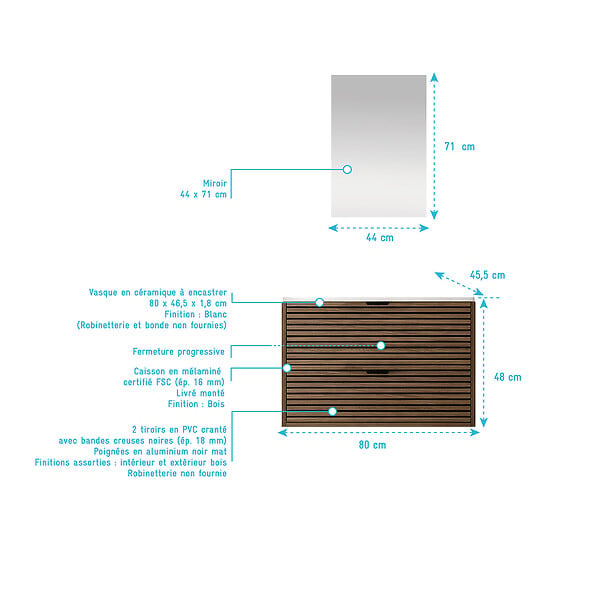 AURLANE - Meuble Salle de Bain Cranté Bois et Noir 80cm - 2 Tiroirs, Vasque et Miroir - MALO - large