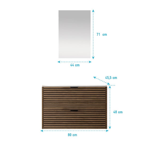 AURLANE - Meuble Salle de Bain Cranté Bois et Noir 80cm - 2 Tiroirs, Vasque et Miroir - MALO - large