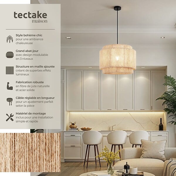 TECTAKE - Suspension LIGNEA LUX en jute au style bohème 40W marron naturel - large