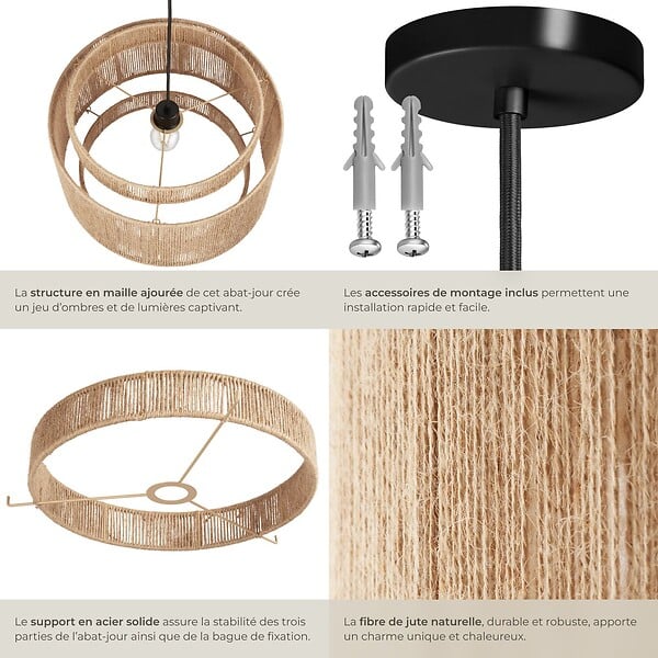 TECTAKE - Suspension LIGNEA LUX en jute au style bohème 40W marron naturel - large