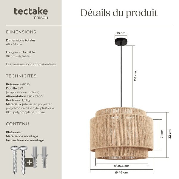 TECTAKE - Suspension LIGNEA LUX en jute au style bohème 40W marron naturel - large