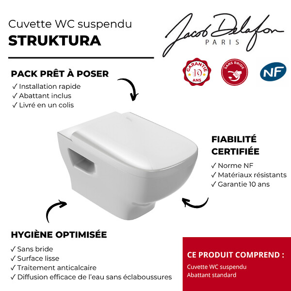 JACOB DELAFON - Cuvette WC suspendu sans bride Struktura avec abattant - large