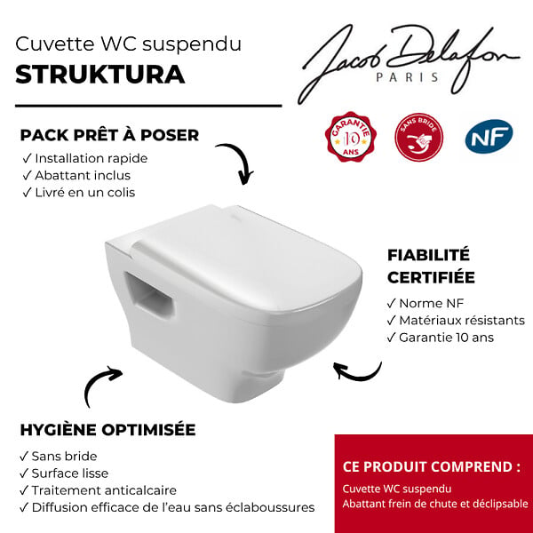 JACOB DELAFON - WC suspendu sans bride Struktura + abattant - large