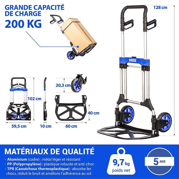 HOSTRÃ–M - Diable pliant Aluminium pour Charge Lourde, Diable pliable Demenagement, Transport matériau, Grandes Roues, Charge Max. 200kg, Garantie 5 ans, Hostrom - large