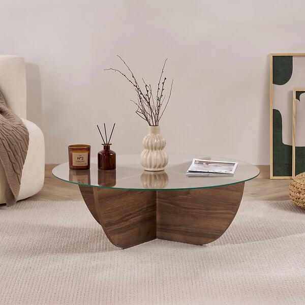 HABITAT ET JARDIN - Table basse en verre "Liya" 90 x 90 x 30 cm - Noyer - large