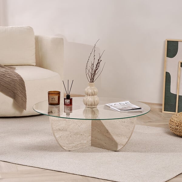 HABITAT ET JARDIN - Table basse en verre "Liya" 90 x 90 x 30 cm - Travertin - large