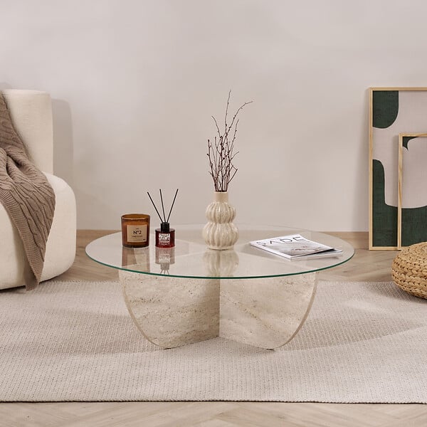 HABITAT ET JARDIN - Table basse en verre "Liya" 90 x 90 x 30 cm - Travertin - large