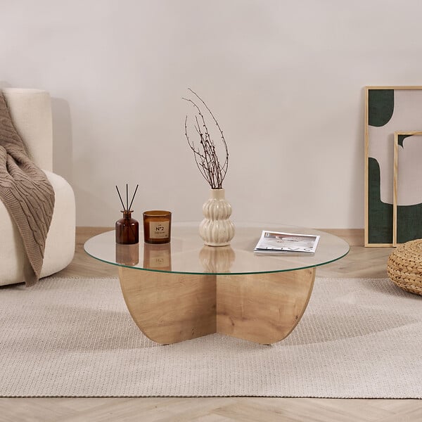 HABITAT ET JARDIN - Table basse en verre "Liya" 90 x 90 x 30 cm - Chêne saphir - large
