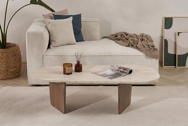 HABITAT ET JARDIN - Table Basse en bois "Ovalis" - 130 x 65 x 40 cm - Travertin / Noyer - large