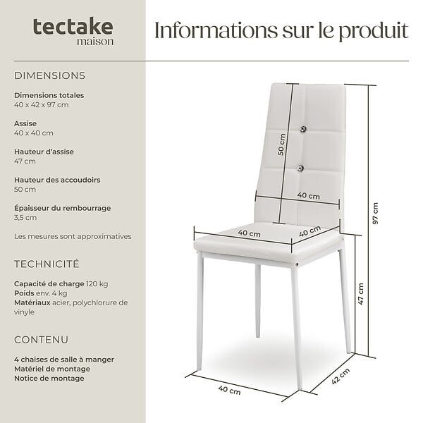 TECTAKE - Ensemble 4 chaises de salle à manger aspect cuir avec paillettes blanc - large