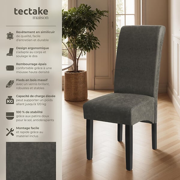 TECTAKE - Ensemble de 4 chaises de salle à manger aspect cuir gris marbré - large