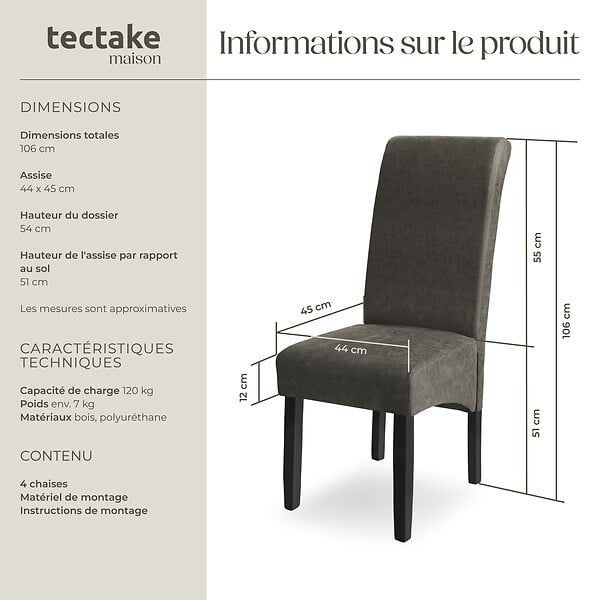 TECTAKE - Ensemble de 4 chaises de salle à manger aspect cuir gris marbré - large
