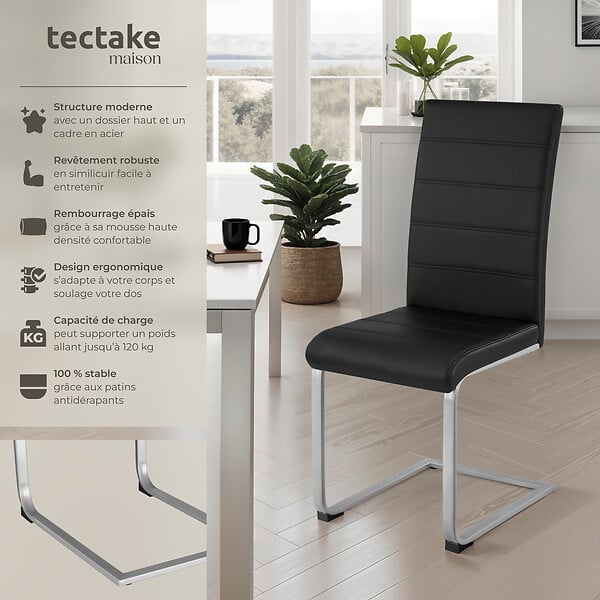 TECTAKE - Ensemble de 2 chaises de salle à manger revêtement aspect cuir noir - large