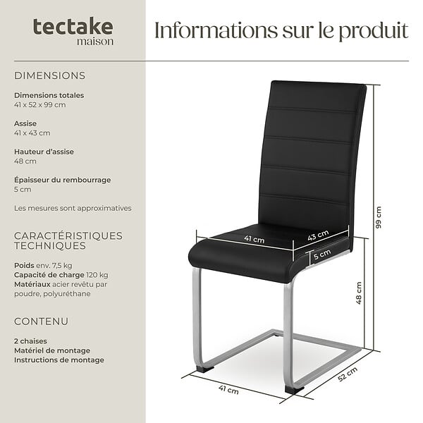 TECTAKE - Ensemble de 2 chaises de salle à manger revêtement aspect cuir noir - large