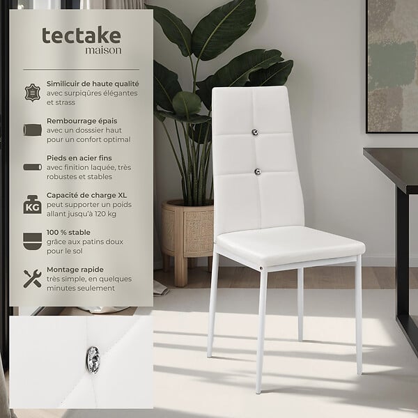 TECTAKE - Ensemble de 6 chaises de salle à manger aspect cuir à paillettes blanc - large